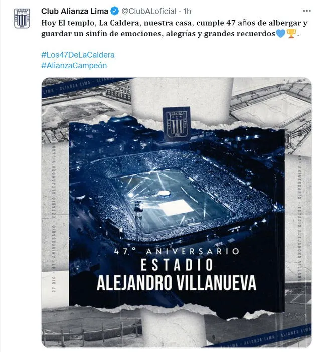 El mensaje de Alianza Lima por los 47 años del estadio Alejandro Villanueva. Foto: captura Twitter