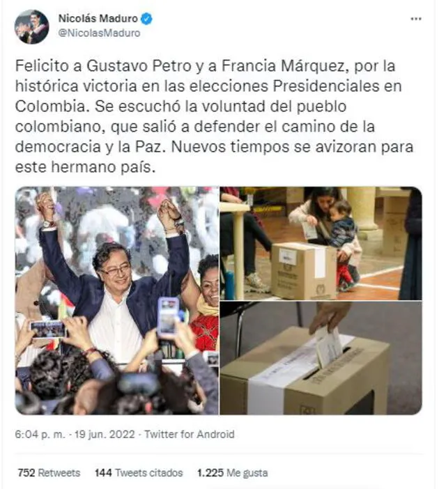 Nicolás Maduro envía mensaje a Gustavo Petro. Foto: captura Twitter