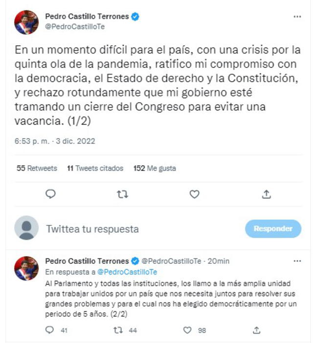 Pedro Castillo se pronunció a través de su cuenta de Twitter