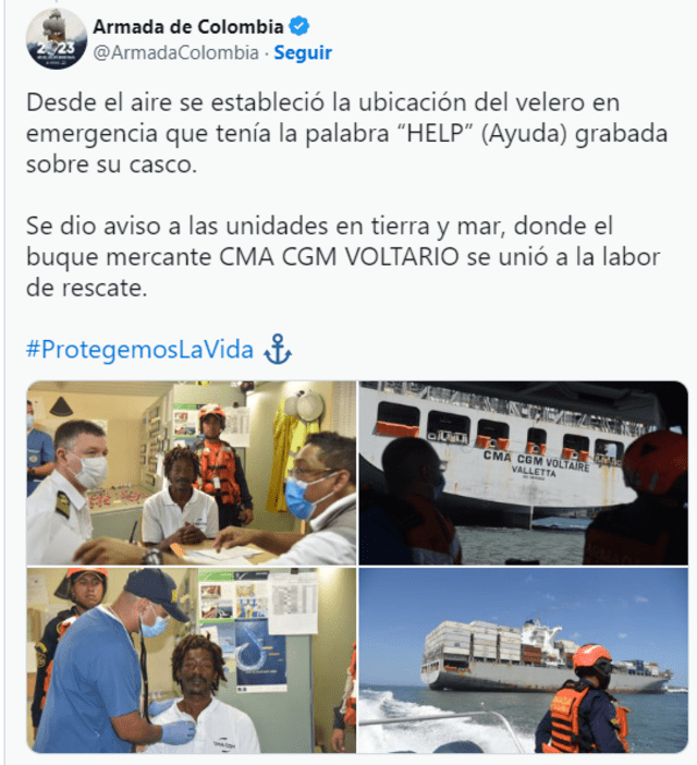 Así se informó sobre el rescate de Elvis Francois. Foto: Armada Colombia.   