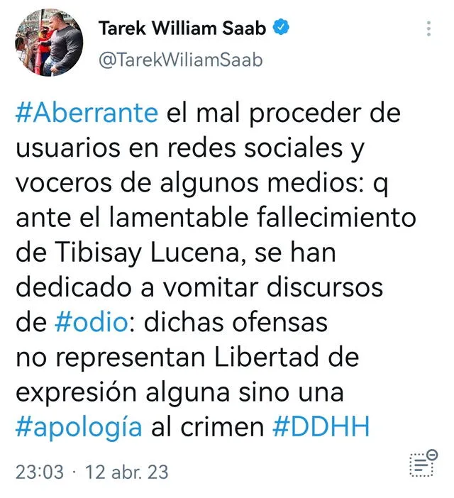 El fiscal Tarek William Saab condenó las burlas de los cibernautas y voceros hacia la reciente fallecida Tibisay Luceno. Foto: Twitter/Tarek William Saab.