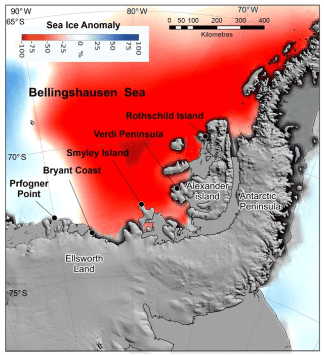  Colonias de pingüinos emperador en el centro y este del mar de Bellingshausen. Foto: Nature   