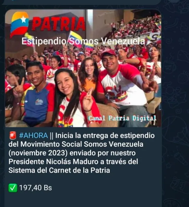  Este es el nuevo monto de Somos Venezuela en noviembre de 2023. Foto: Canal Patria Digital   