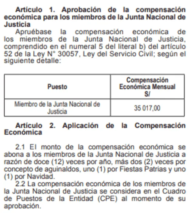  El artículo 2 del Decreto Supremo N.º 412-2019-EF establece que la remuneración mensual de cada integrante de la Junta es de 35.017 soles. Foto: captura del documento / página web del MEF.<br><br>    