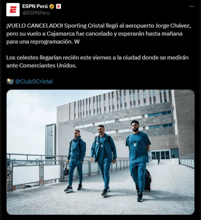 Sporting Cristal iba a viajar a Cajamarca este jueves 23. Foto: captura ESPN Perú/X   
