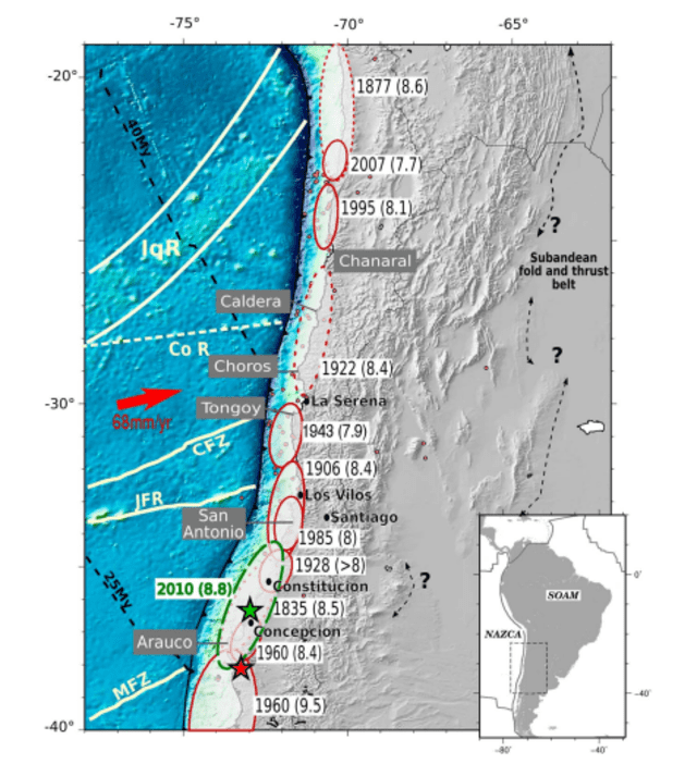 El riesgo en Atacama de enfrentar un gran terremoto se ve apoyado por estudios como el realizado por Marianne Métois, Anne Socket, y Christophe Vigny. Foto: HAL Open Science.    