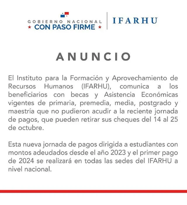 Comunicado de IFARHU sobre la nueva jornada de pagos   