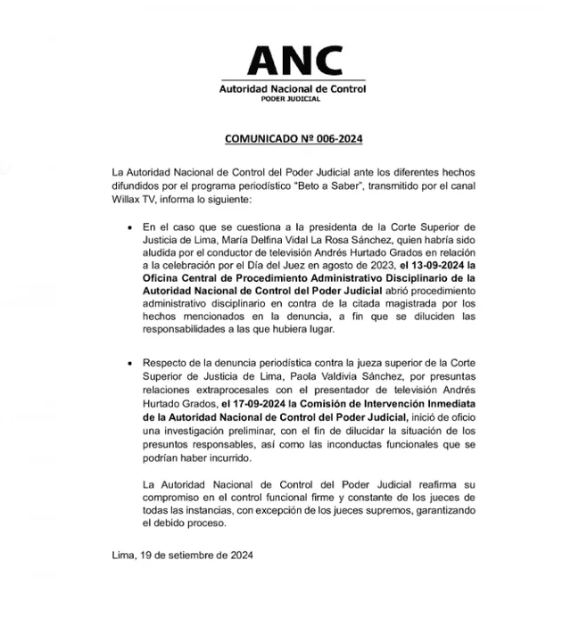 Comunicado de la ANC. Foto: ANC/X   