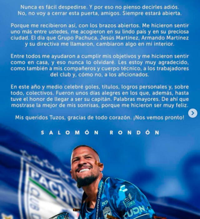 Mensaje de despedida del Pachuca de Salomón Rondón Mensaje de despedida del Pachuca de Salomón Rondón