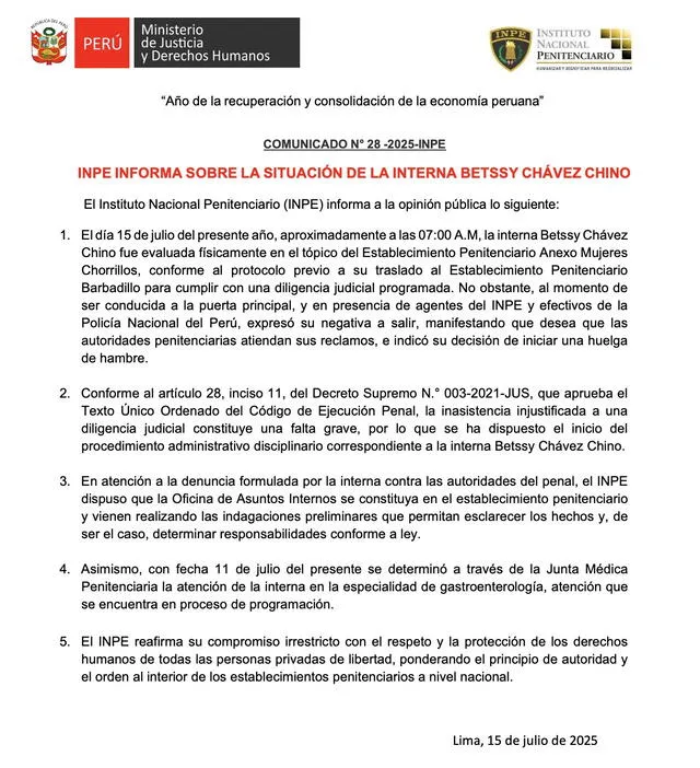 Comunicado del INPE donde se informa el inicio del proceso disciplinario contra Betssy Chávez. Foto: INPE   