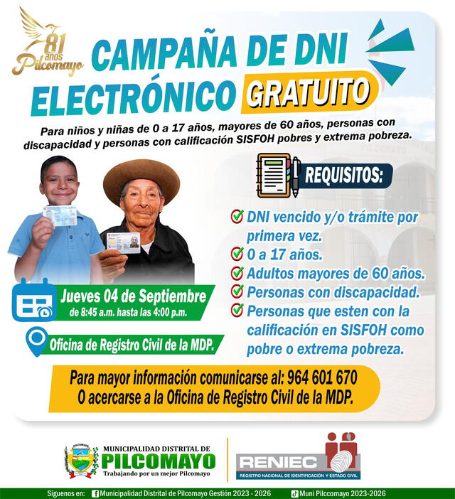 DNI electrónico gratis. Foto: Municipalidad de Pilcomayo DNI electrónico gratis. Foto: Municipalidad de Pilcomayo