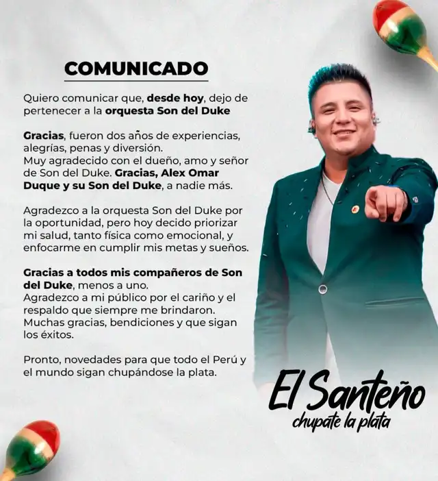  'El Santeño' deja Son del Duke. Foto: Instagram/elsanteno16   