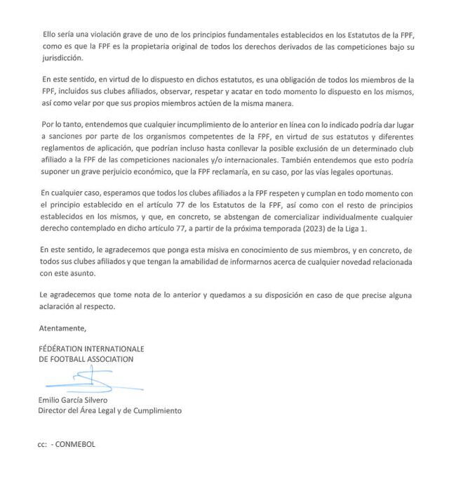 Carta enviada por la FIFA a la FPF. Foto: FIFA