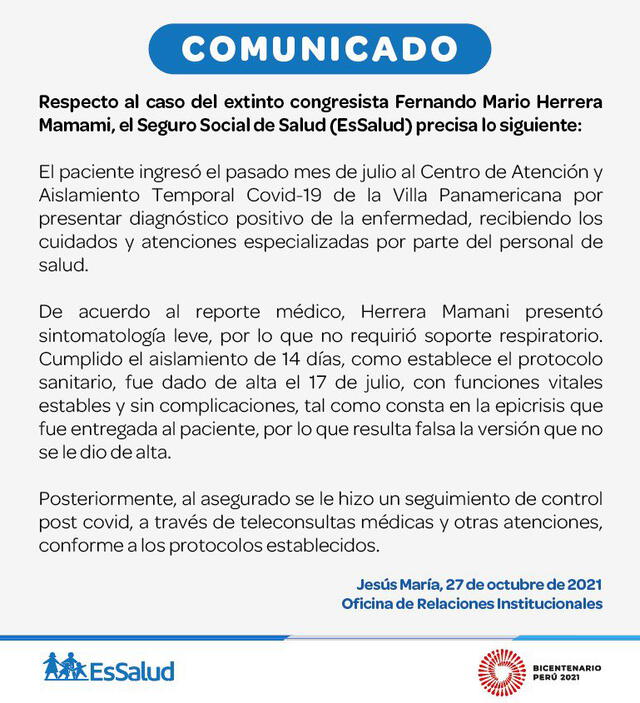 Comunicado de EsSalud.