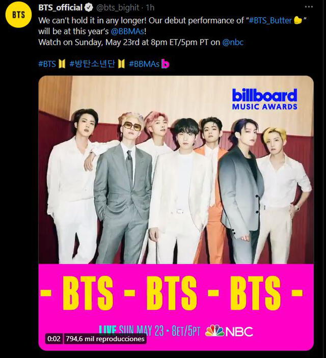Post de los Billboard sobre BTS. Foto: @BBMAs
