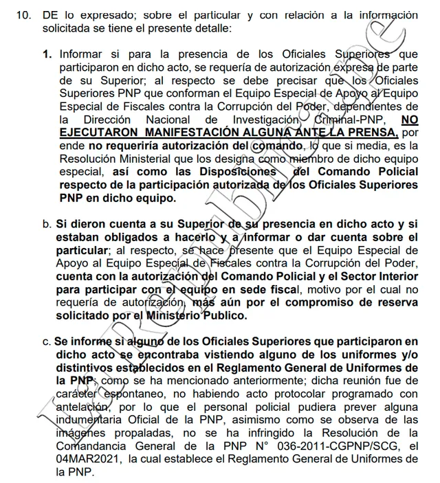 Respuesta de la Dirnic PNP al Ministerio del Interior. Foto: documento