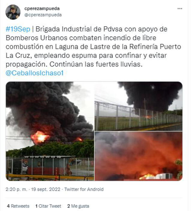 Autoridades venezolanas reportan que ya se encuentran controlando el incendio en la refinería de Puerto La Cruz. Foto: captura Twitter