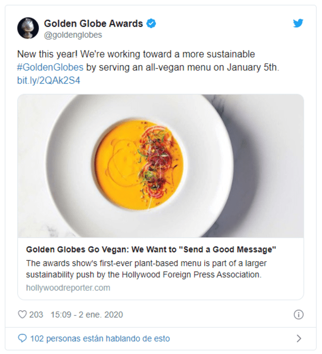 Los Globos de Oro servirá menú vegano a sus invitados.