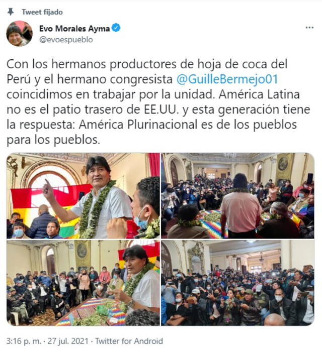 Evo Morales continúa su agenda de trabajo en Perú. Foto: @evoespueblo/Twitter