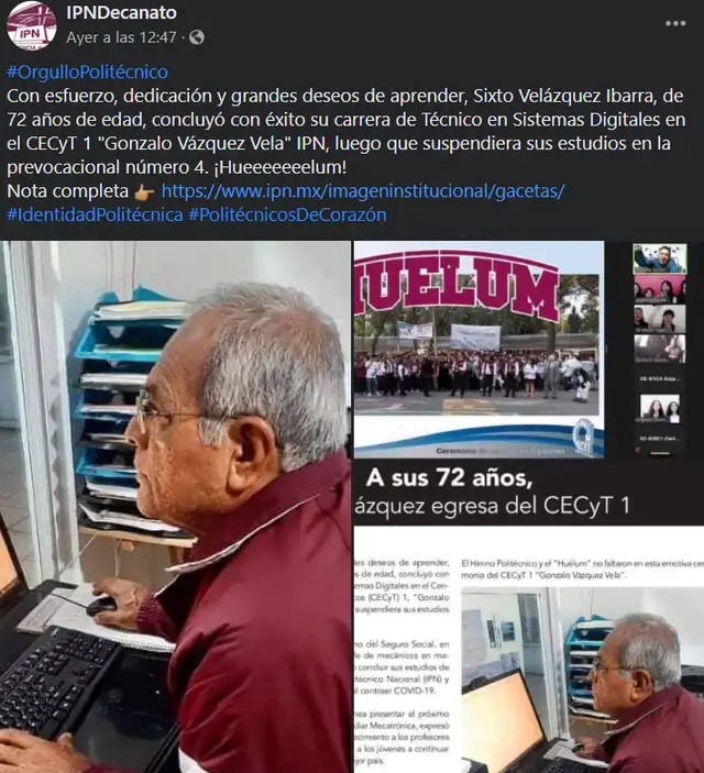 Hombre termina carrera técnica a los 72 años después de 57 años de haber suspendido sus estudios