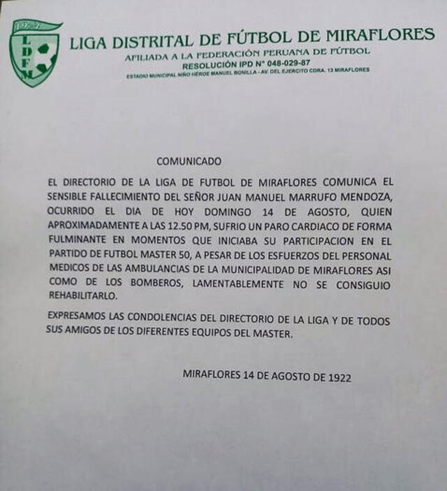 Comunicado de la Liga de Miraflores con fecha mal consignada. Foto: LDFM