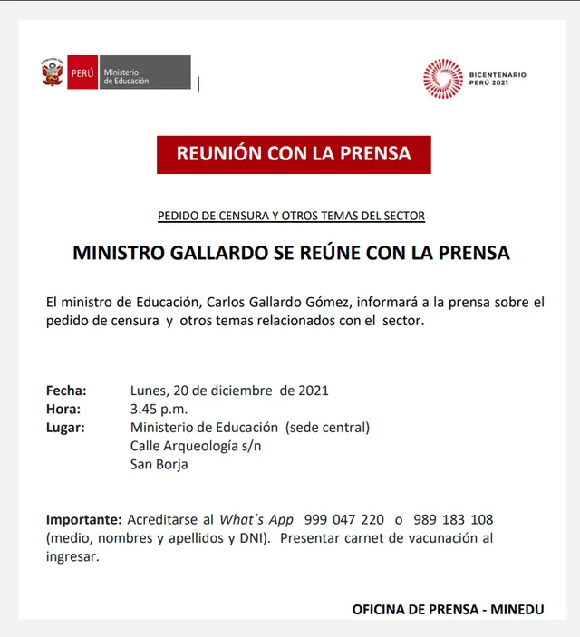 Convocatoria de la conferencia de prensa del ministro Carlos Gallardo. Foto: documento