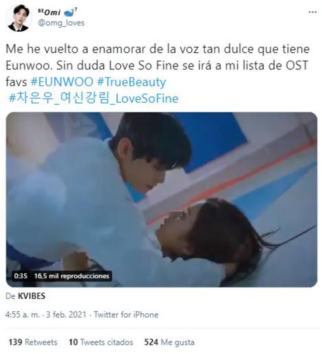 Comentarios sobre el OST de Eunwoo en True Beauty. Foto: Twitter