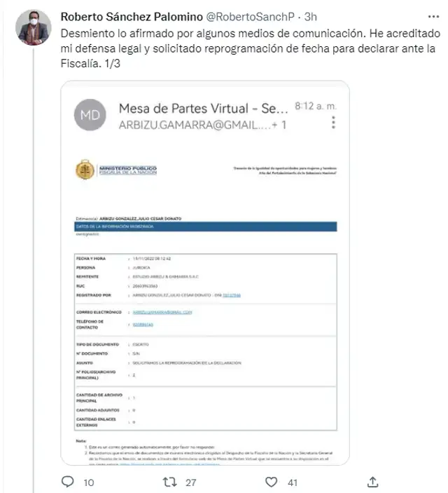 Ministro Roberto Sánchez se pronunció a través de sus redes sociales.