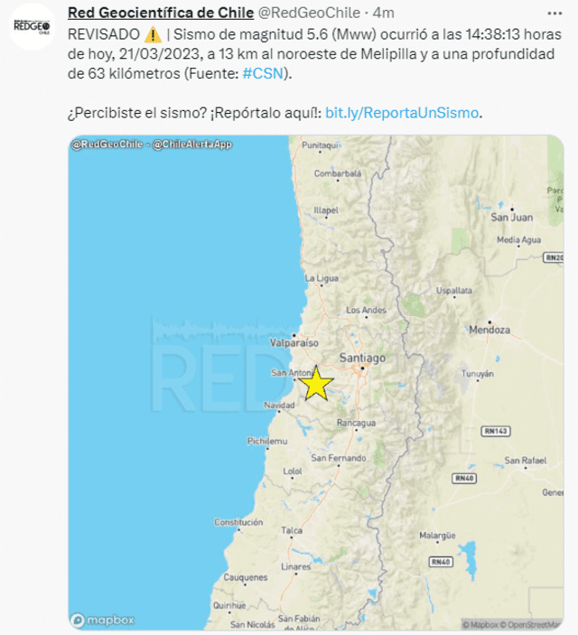 Reportaron sismo de 5.6 en Chile. Foto: Twitter/RedGeoChile   