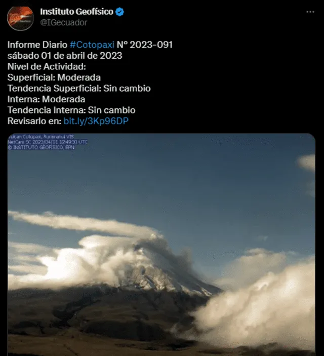 Último reporte del volcán Cotopaxi. Foto: Instituto Geofísico