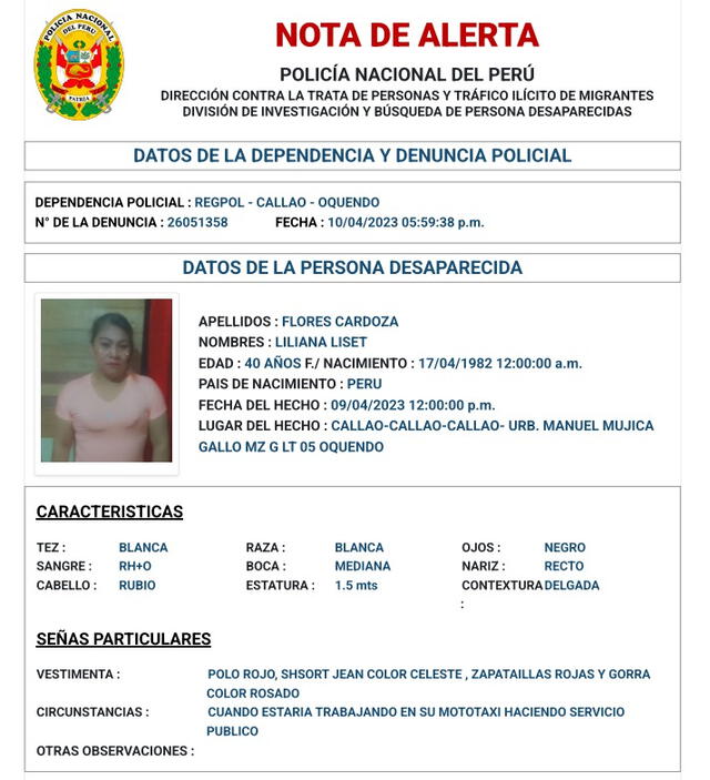 Reporte de desaparición de Liliana Flores Cardoza. Foto: PNP   