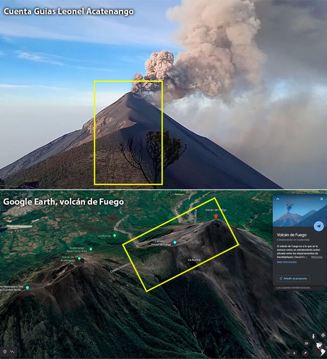  Comparación de zonas del volcán de Fuego en Guatemala. Foto: capturas en Facebook - Guías Leonel Acatenango y Google Earth.    