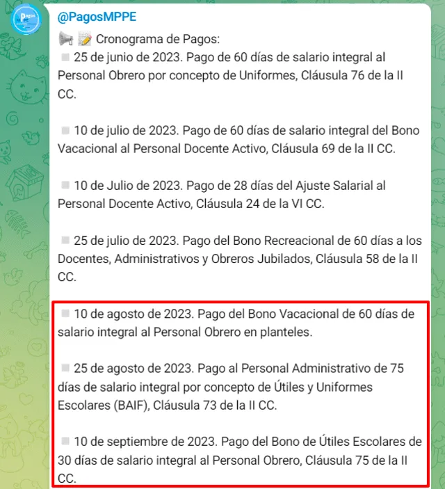 Quedan tres pagos del MPPE en lo que queda del 2023. Foto: Pagos MPPE/Telegram