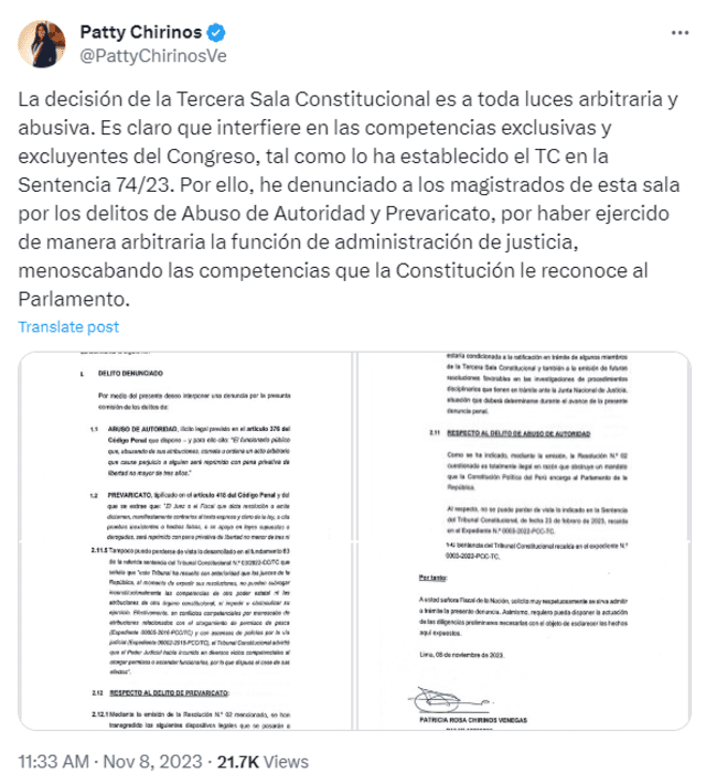  Chirinos argumenta su denuncia contra la Tercera Sala Constitucional. Foto: Twitter   