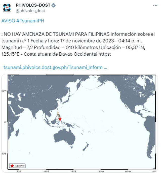 Según el Instituto de Vulcanología y Sismología de Filipinas, no se reporta alerta de tsunami. Foto: captura @phivolcs_dost/Twitter   