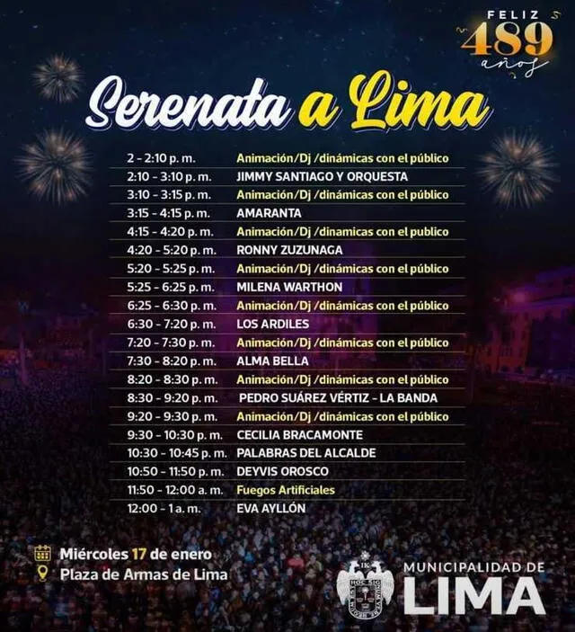  Horarios de presentaciones de cada artista invitado a la Serenata a Lima 2024. Foto: Municipalidad de Lima   