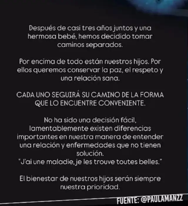 Paula Manzanal posteó un comunicado en sus redes sociales.