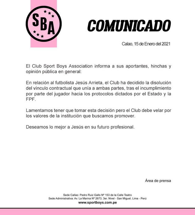 Comunicado del club rosado sobre Jesús Arrieta. Foto: Sport Boys