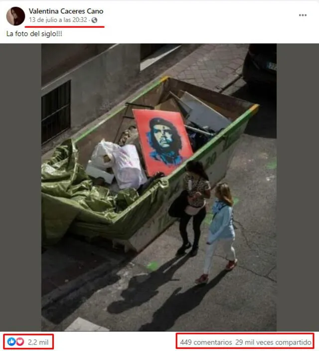 Publicación viralizada en Facebook donde aparece el retrato del “Che” Guevara en un repositorio de basura. FOTO: Captura de Facebook.