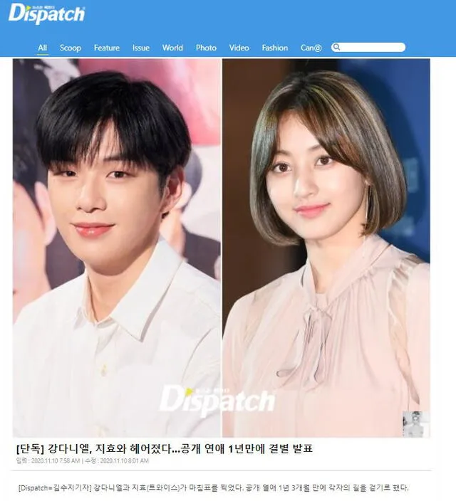 Kang Daniel y Jihyo de TWICE ocupan portadas en Dispatch. Foto: captura website