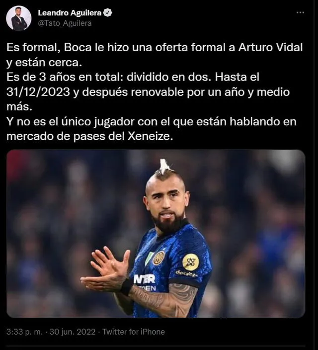 Arturo Vidal podría convertirse en nuevo jugador xeneize. Foto: Twitter