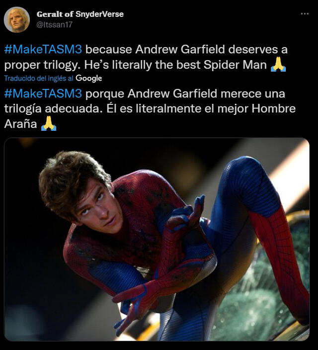 Fans piden regreso de Andrew Garfield como Spider-Man. Foto: captura de Twitter