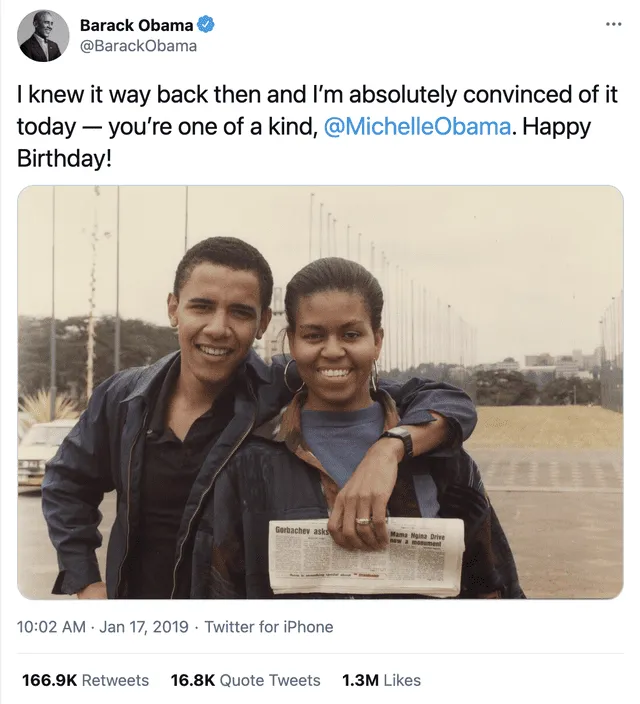 La fotografía original fue compartida por el mismo Barack Obama en enero de 2019. Foto: captura en Twitter / @BarackObama
