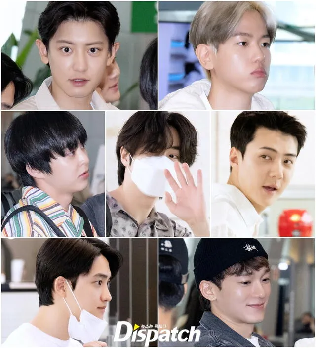 Chanyeol, Baekhyun, Xiumin, Suho, Sehun, D.O y Chen, de EXO, en el aeropuerto de Gimpo