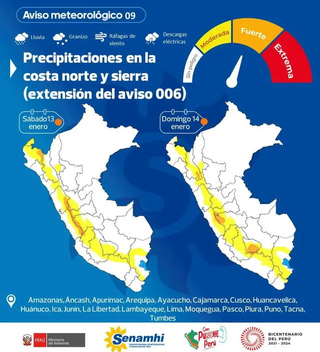 Pronóstico de lluvias para el 13 y 14 de enero. Foto: Senamhi   