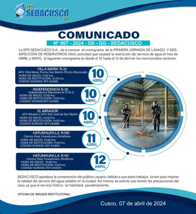  Corte de agua en Cusco. Foto: Sedacusco    