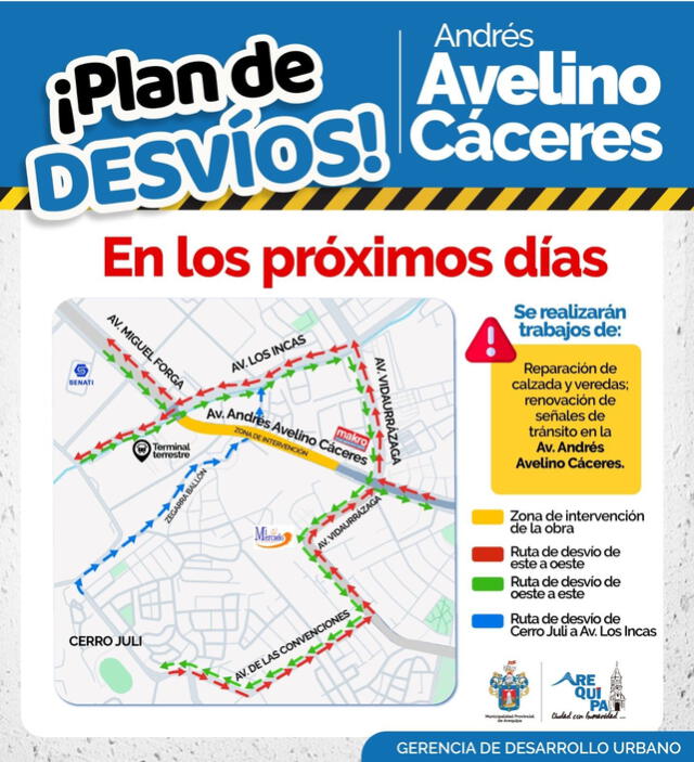 Plan de desvíos en avenida Andrés Avelino Cáceres. Foto: Municipalidad de Arequipa Plan de desvíos en avenida Andrés Avelino Cáceres. Foto: Municipalidad de Arequipa