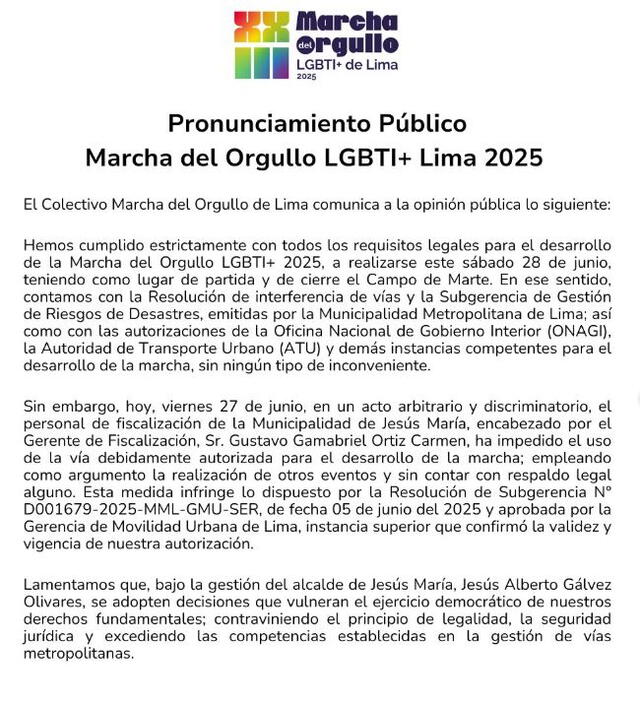Comunicado sobre la Marcha del Orgullo