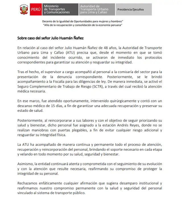  Comunicado de la ATU. Foto: ATU.   