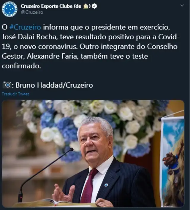 Cruzeiro anunció que su presidente José Dalai Rocha dio positivo por coronavirus. Foto: Twitter Cruzeiro anunció que su presidente José Dalai Rocha dio positivo por coronavirus. Foto: Twitter
